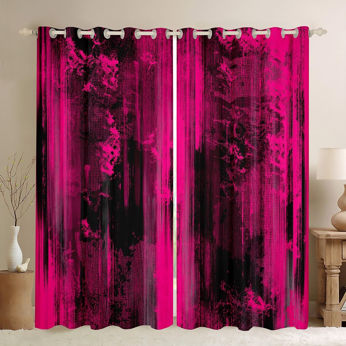Feelyou Abstract Curtains for Bedroom Living Room Modern Abstract Art Blackout Shades Hot Pink Black Room Darkening Curtain Luxury Window Treatments, 2 Panels 38 x 45 Inch Decor