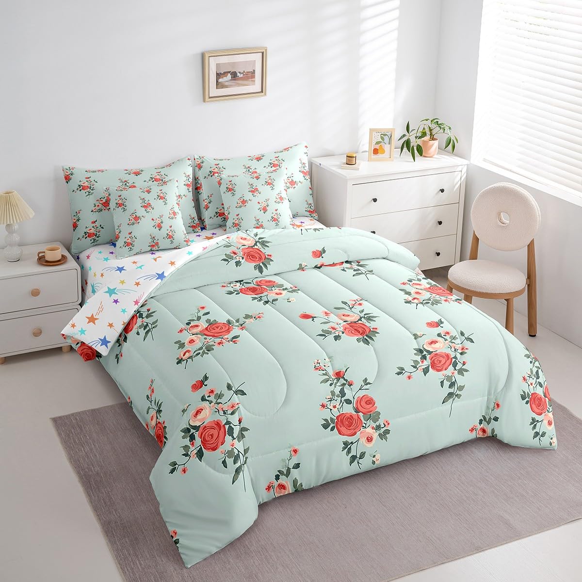 jejeloiu Kids Cute Rose Comforter Set 7 Pieces Full Size Flower Floral Bedding Set for Boys Girls Nature Spring Bed Set Bed in a Bag with Comforter, Sheets, Pillowcases & Cushion Covers