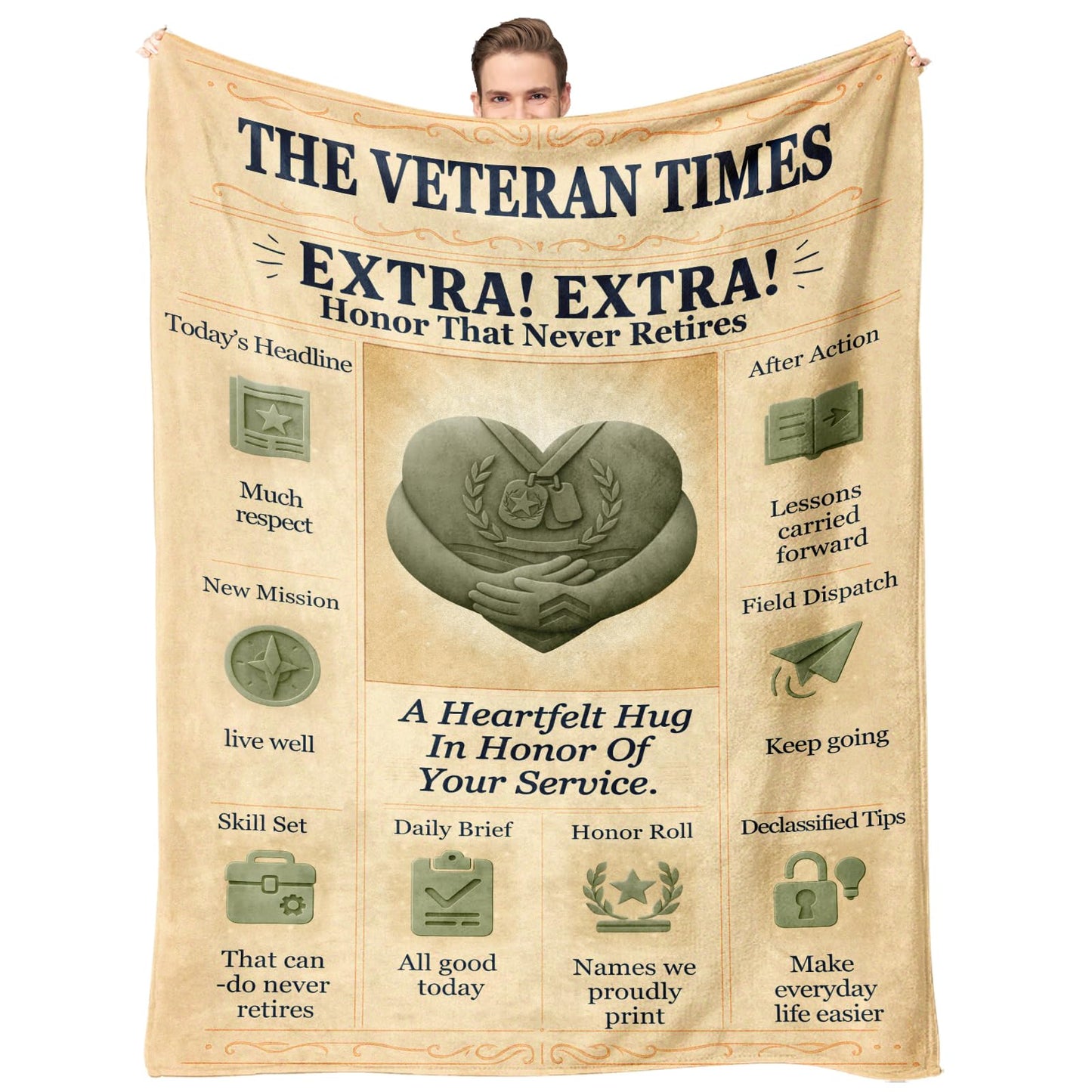 Veteran Appreciation Flannel Throw Blanket 60x50, Vintage Newspaper-Style Service Appreciation Throw, Soft Cozy Patriotic Couch or Bed for Men, Veterans Day, Retirement & Homecoming