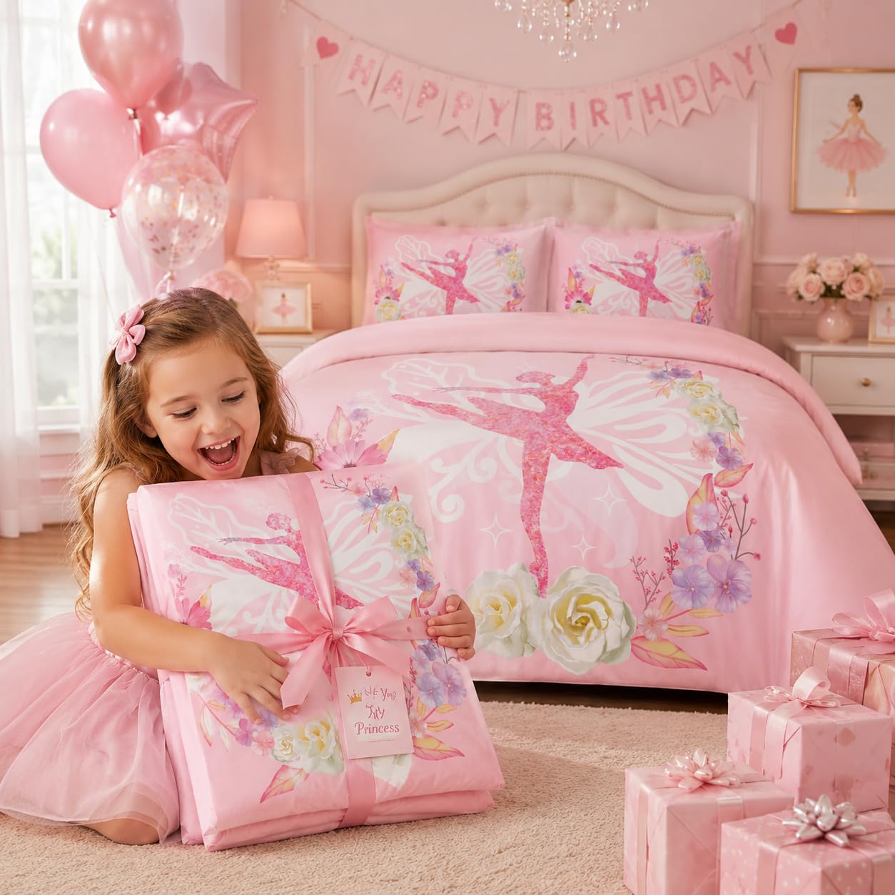 CCoutueChen Kids Comforter Set Twin Size for Girls, Pink Floral Ballerina Bedding