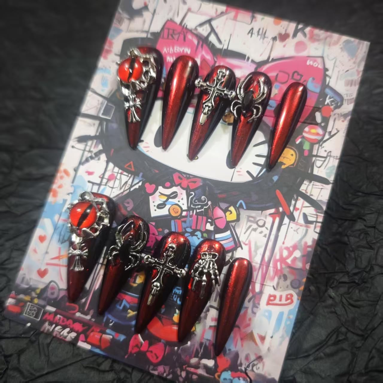 Handmade Press On Nails 10Pcs Dark Gothic Style Manual Devil's Eye Fake Nails for Women Party Holiday Photo 3.2CM Size L