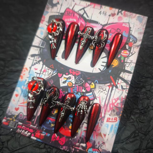 Handmade Press On Nails 10Pcs Dark Gothic Style Manual Devil's Eye Fake Nails for Women Party Holiday Photo 3.2CM Size L