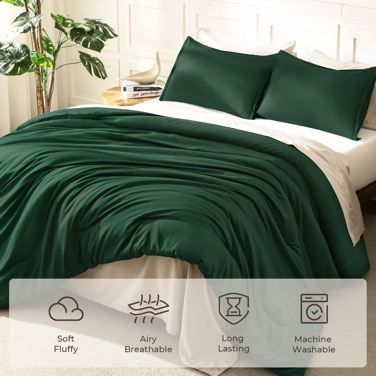 Litanika Dark Emerald Green King Comforter Set, 3 Pieces Solid Forest Bedding Set, All Season Fluffy Bed Set (104x90In Comforter & 2 Pillowcases)