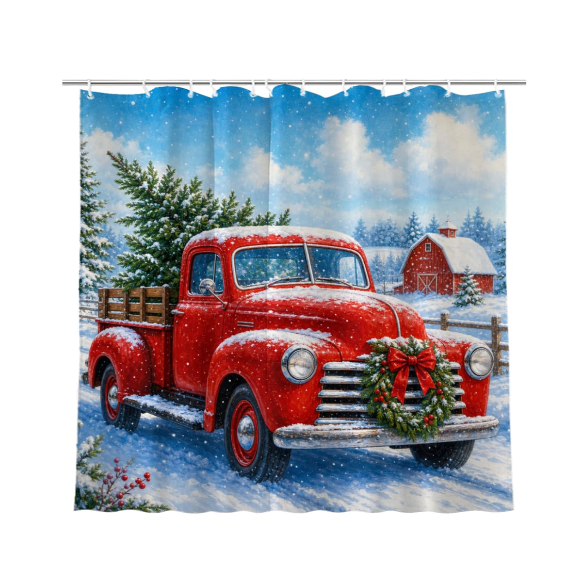TopPacific Winter Red Truck Shower Curtain 72x72 Inch Shower Curtain with 12 Hooks Polyester Red Truck Wreath Snow Barn Pine Trees Bathroom Decor