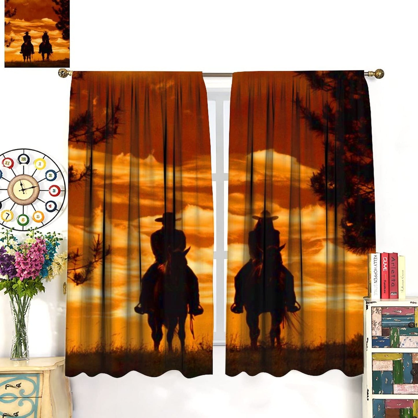 Kazynee Rustic Cowboy Blackout Curtains for Bedroom,Western Forest Sunset Country Cowboy Riding Horse Window Curtains Rod Pocket 2 Panels 45L x 21W