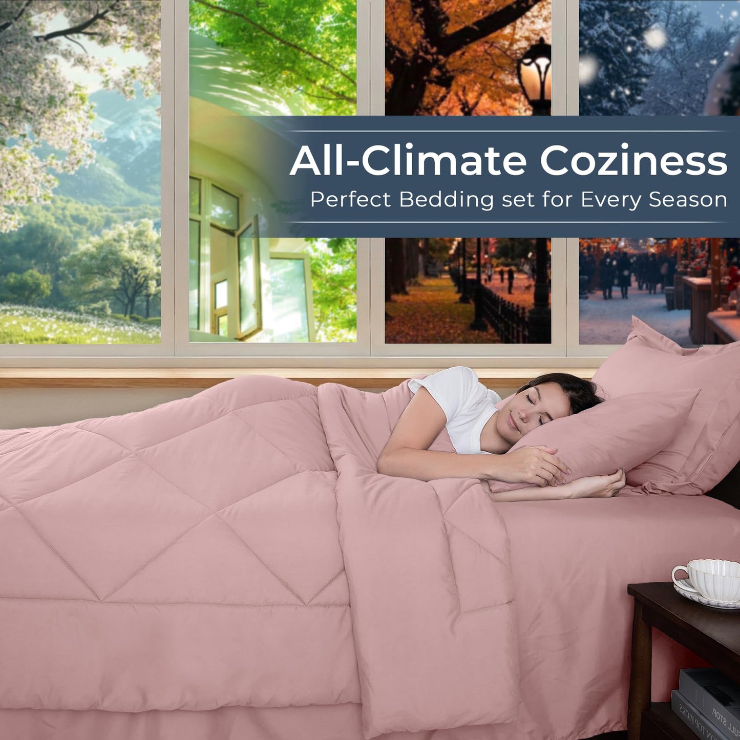 HEVUMYI Dusty Pink Queen Comforter Set - 7-Piece All Season Bed in a Bag Queen, Ultra Soft Bedding Set with Comforter, Flat Sheet, Fitted Sheet, Pillowcases, Pillow Shams