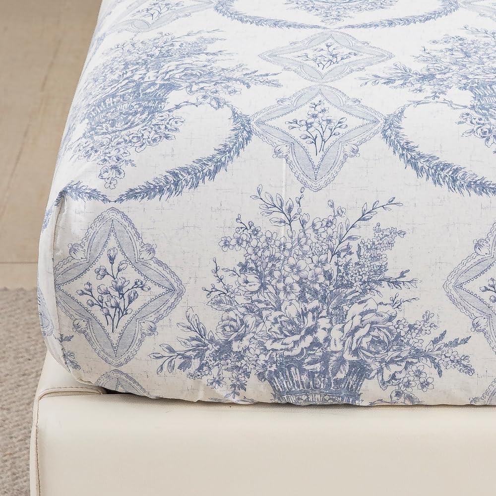 DAUAOTO King Size Cotton Bedding Printed Sheets Set, Up to 14" Deep Mattress, Farmhouse Country Cottage Pattern Bedlinen Sets, French Blue