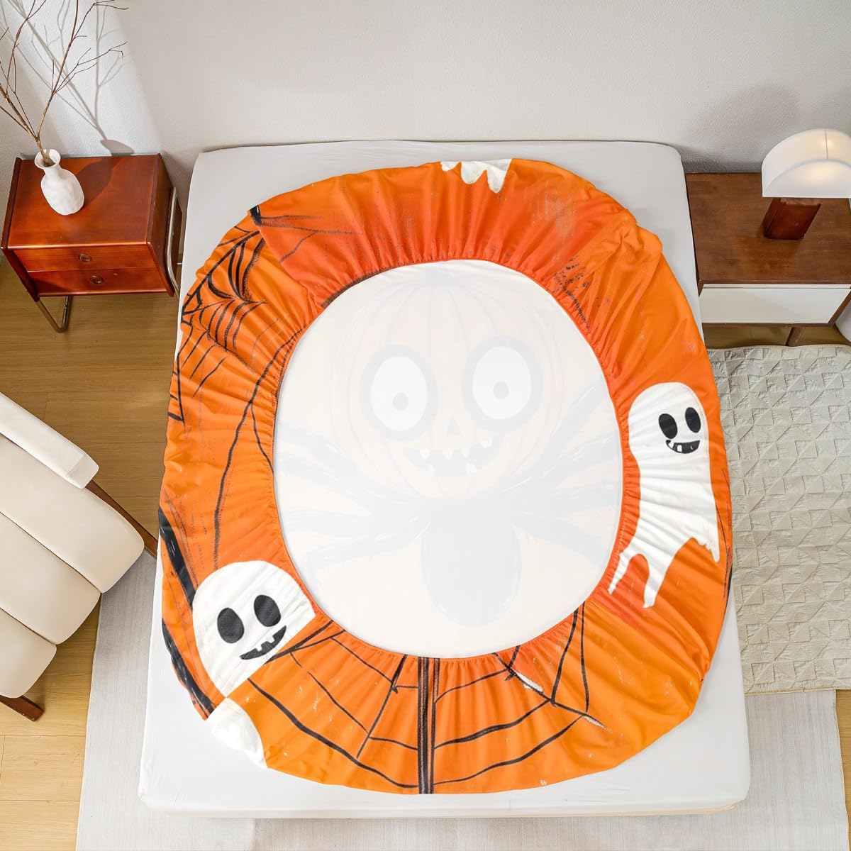 Feelyou Kids Halloween Bed Sheet Set Full Size, Spider Bedding Set Orange Pumpkin Fitted Sheet Boys Girls Horror Teens Bedroom Decor (2 Pillow Cases and a Fitted Sheet)