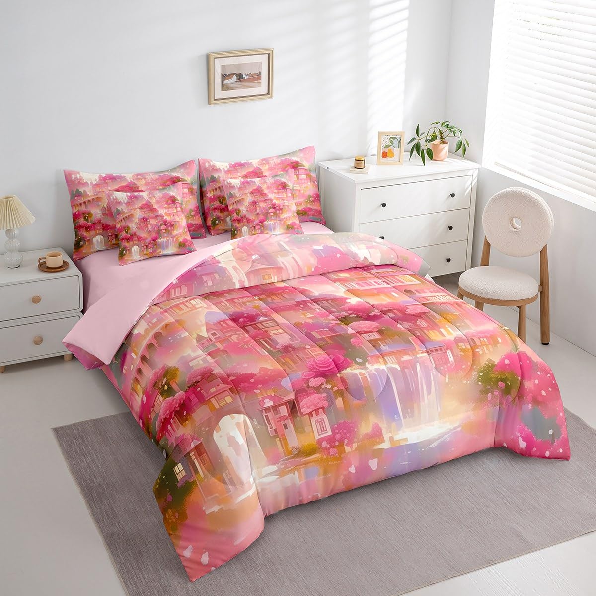 Erosebridal Rose Castle Comforter Set King,Dreamy Sea of Floral Bedding Set 7Pcs for Kids Girls Teens,Princess Fantasy Mysty Bed in a Bag