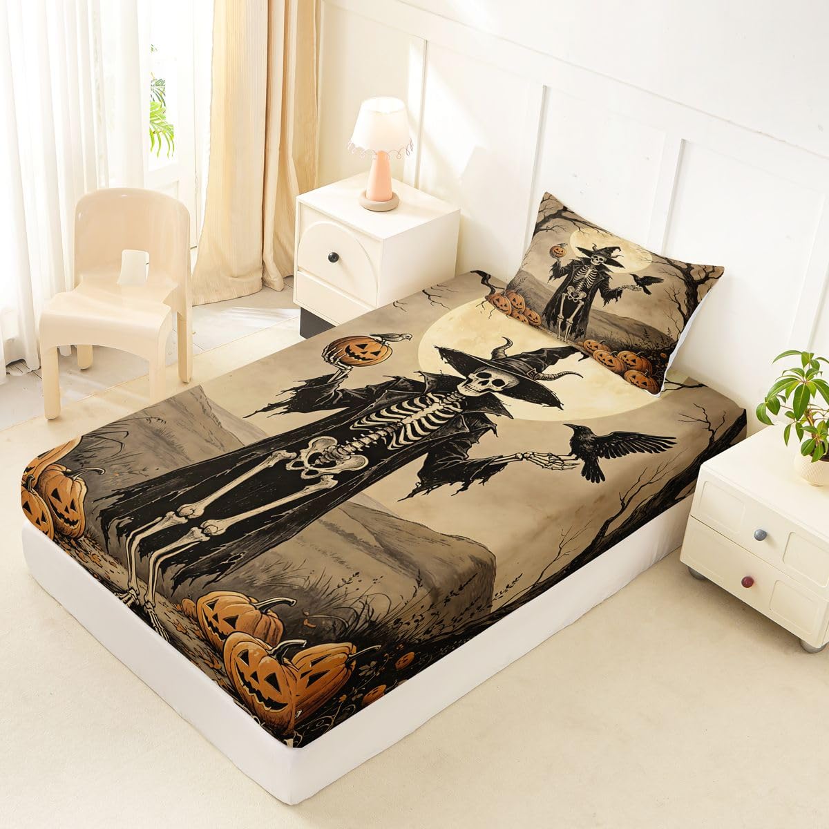 Erosebridal Halloween Skeleton Bed Sheets Twin Size Raven Full Moon Sheet Set Kids Adults Harvest Pumpkin Bedding Set Rustic Spooky Western Art Sheets