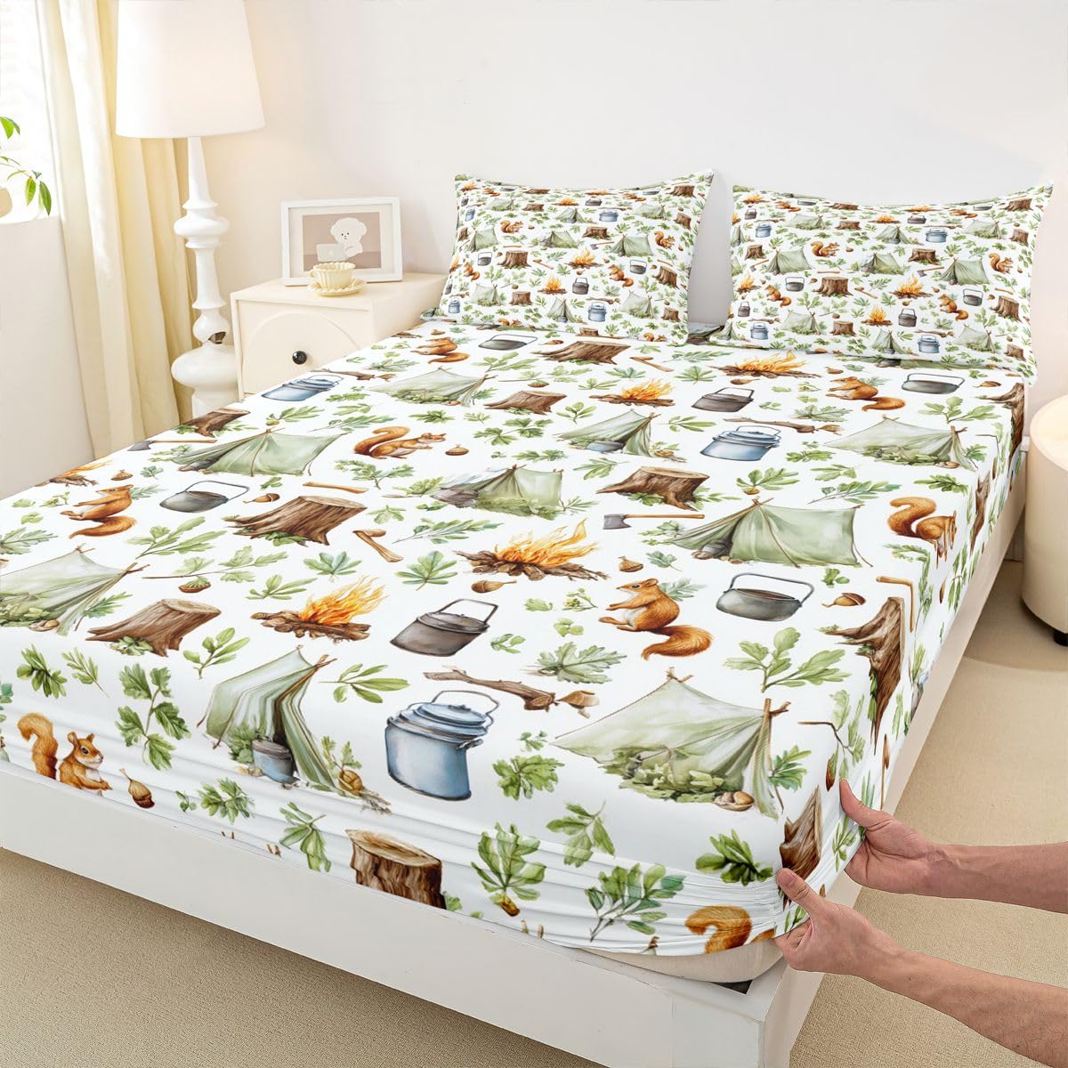 Cartoon Camping Fitted Sheets Full Size (No Flat),Campsite Tent Bonfire Bedding Set 3Pcs,Kids Teens Woman Room Decor,Squirrel and Pine Tree Bed Sheet Rustic Brown Green Deep Pocket Sheet,2 Pillowcases