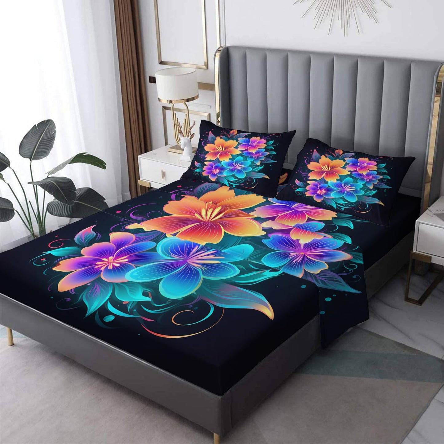 zcsm Floral Sheets King Size - Colorful Ombre Flower Bed Sheets, Soft Microfiber & Deep Pocket & Wrinkle Free Patterned Bedding Sheets & Pillowcases, 1 Fitted Sheet, 1 Flat Sheet, 2 Pillow Cases