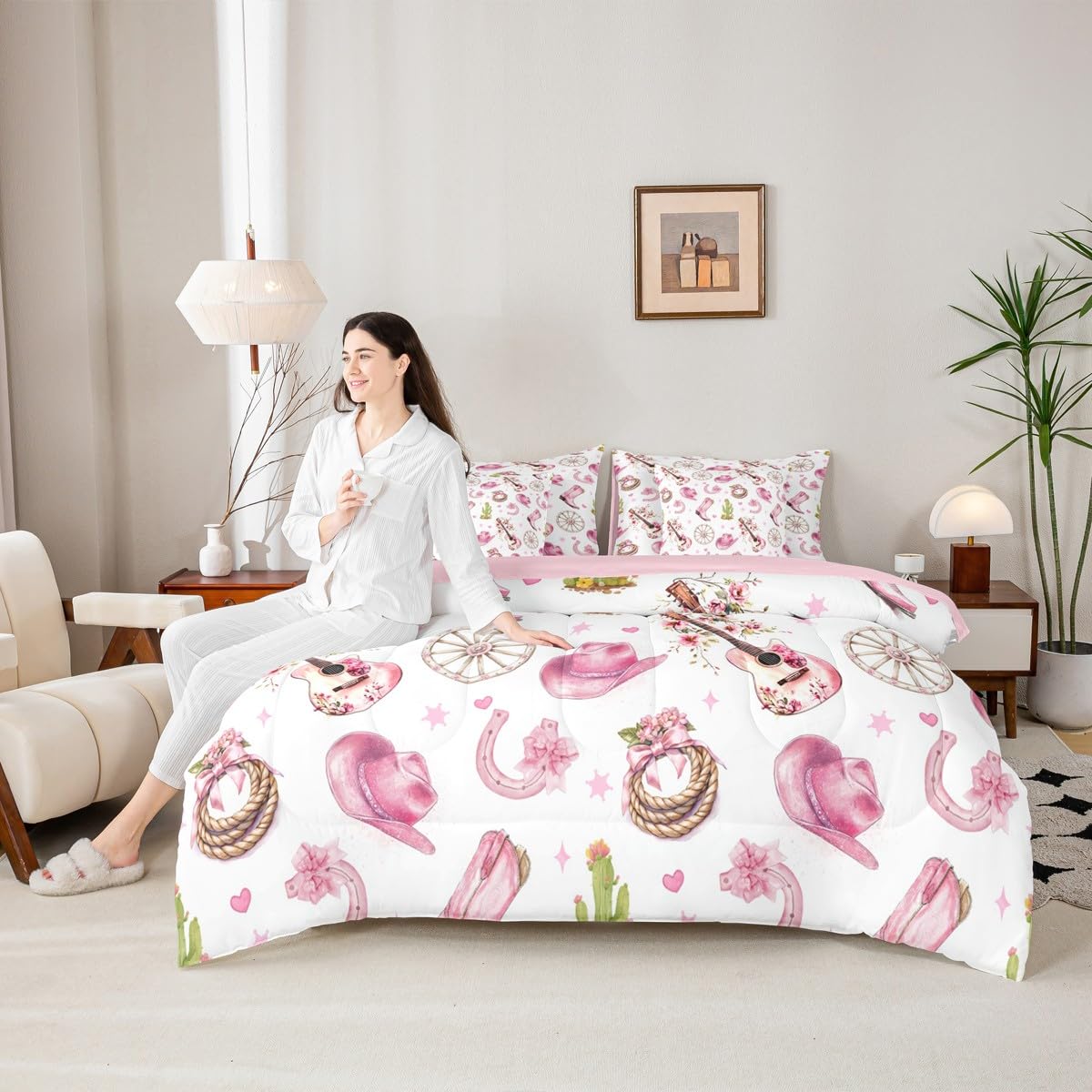 Erosebridal 7Pcs Cute Pink White Western Cowgirl Twin Comforter Set with Sheets Cactus Guitar Bow Bedding for Teen Girl Vintage Western Hat Boot Wildflower Bed in A Bag Preppy Fahion Coquette Bed Sets
