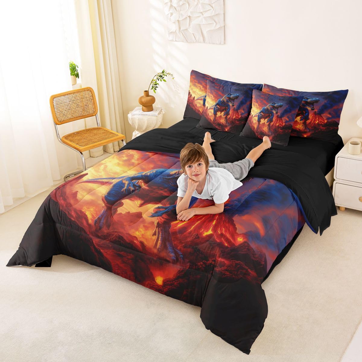 Feelyou Kids Dino Twin Comforter Set with Sheets for Kids Boys Girls Dinosaur 7 Pieces Bedding Set Ancient Jungle Dinosaur Bed in a Bag Volcano Room Decor Yellow Red Soft Lightweight Microfiber