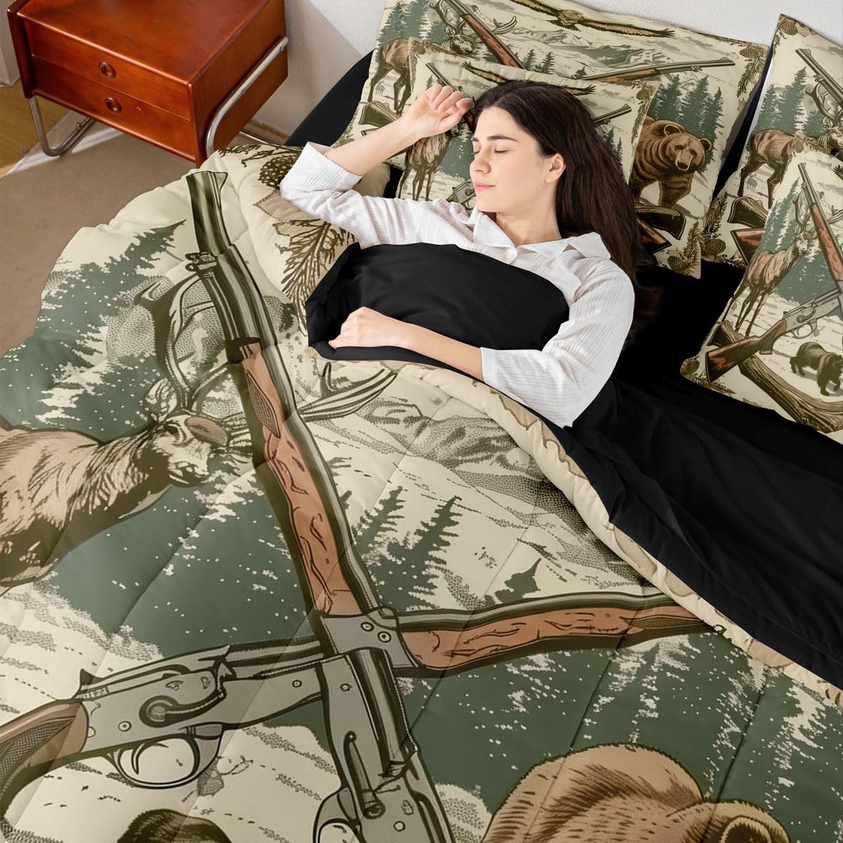 Erosebridal Shotguns 7 Piece Bedding Set Queen Hunting Comforter Set with Sheets Mountain Pine Cone Trunk Woodland Bed in a Bag Bear Deer Eagle Pattern Hunt for Teens Men Women