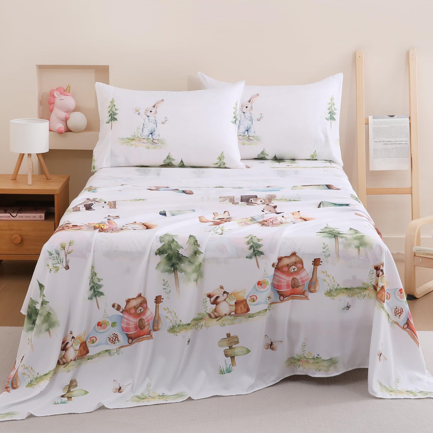 Yibeizi Camper Themed Sheet Set Full Size, Kids Woodland Animals Print Bedsheets Microfiber Deep Pocket Cute Patterned Bed Sheet & Pillowcase Sets 4 Pieces