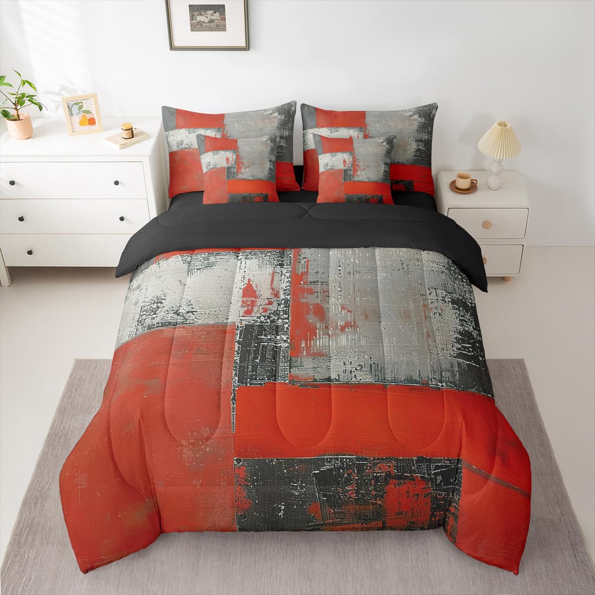Feelyou Abstract King Comforter Set with Sheets for Kids Boys Girls Modern Abstract Art 7 Pieces Bedding Set Luxury Bed in a Bag Geometric Room Decor Red Gray Soft Lightweight Microfiber