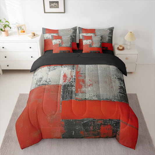 Feelyou Abstract King Comforter Set with Sheets for Kids Boys Girls Modern Abstract Art 7 Pieces Bedding Set Luxury Bed in a Bag Geometric Room Decor Red Gray Soft Lightweight Microfiber