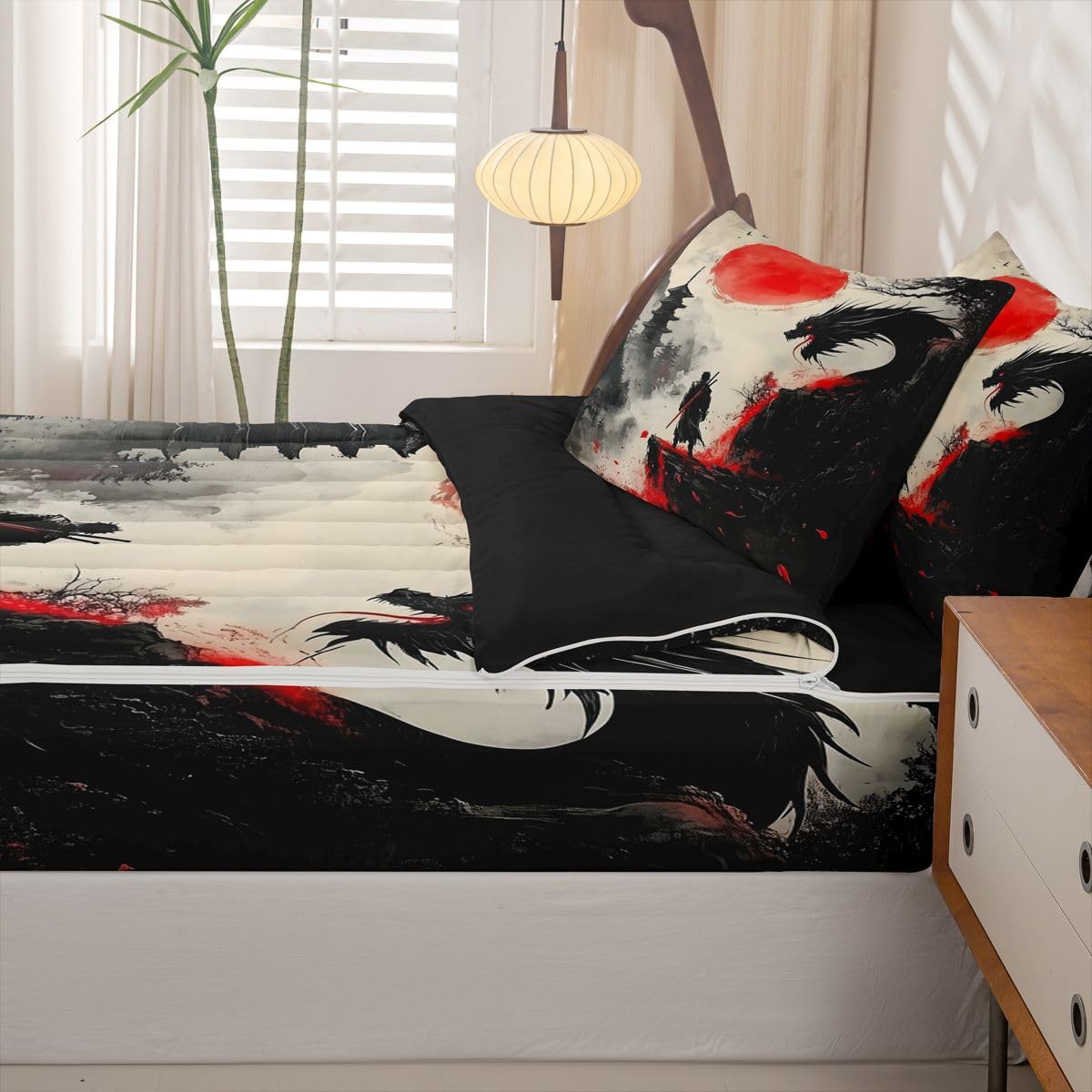 Erosebridal Japanese Theme Kids Bedding Set Full Samurai Dragon Zipper Comforter Set for Boys Girls Teen Black and Red Zip Up Bedding Retro Sun Mountain Bed in a Bag Set with Fitted Sheet