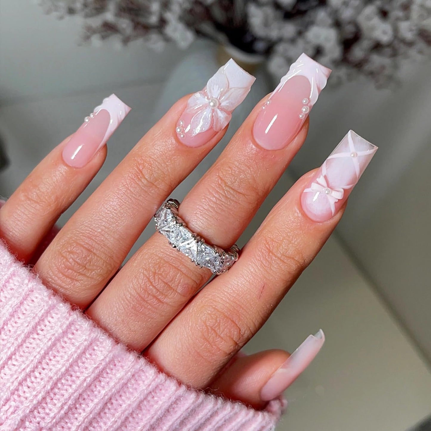 MERVF Press on Nails Long Square, White Ombre French Tip Fake Nails Flower Bow 3D Pearls Design Glue ons Winter Acrylic Nail Glossy 24pcs