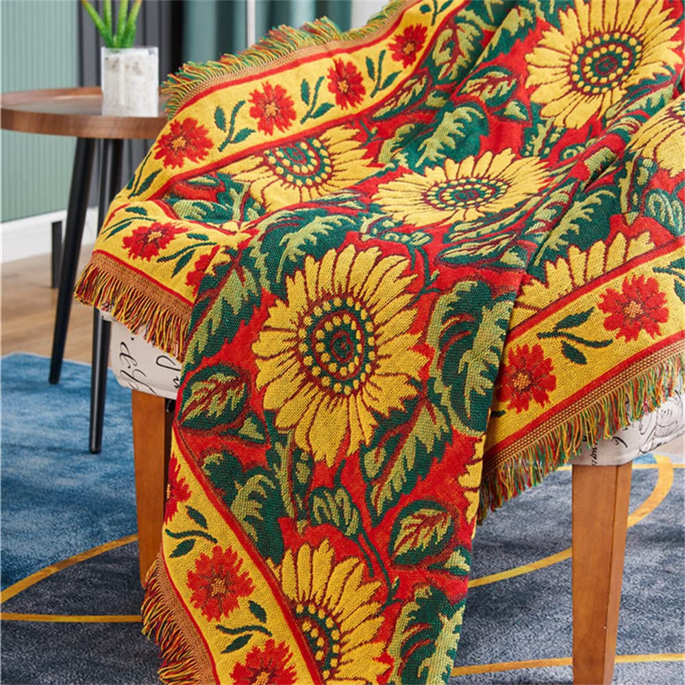 JIABOLANG Red Sunflower Throw Blanket with Fringe Boho Throw Blankets Recliner Chair Couch Sofa Cover Woven Reversible Cotton Bohemian Tapestry Hippie Room Home Decor Double Side 50"x70"