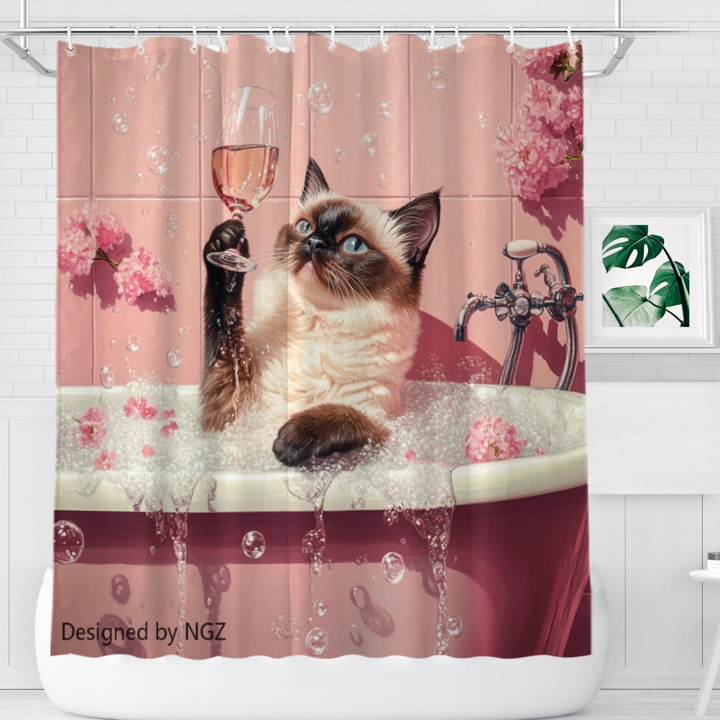 NGZ Funny Siamese Cat Shower Curtain, SPA Siamese Cat with Wine, Pink Shower Curtain, 72x72 Inches Floral Shower Curtains for Bathroom, Bath Curtains Set with 12 Hooks