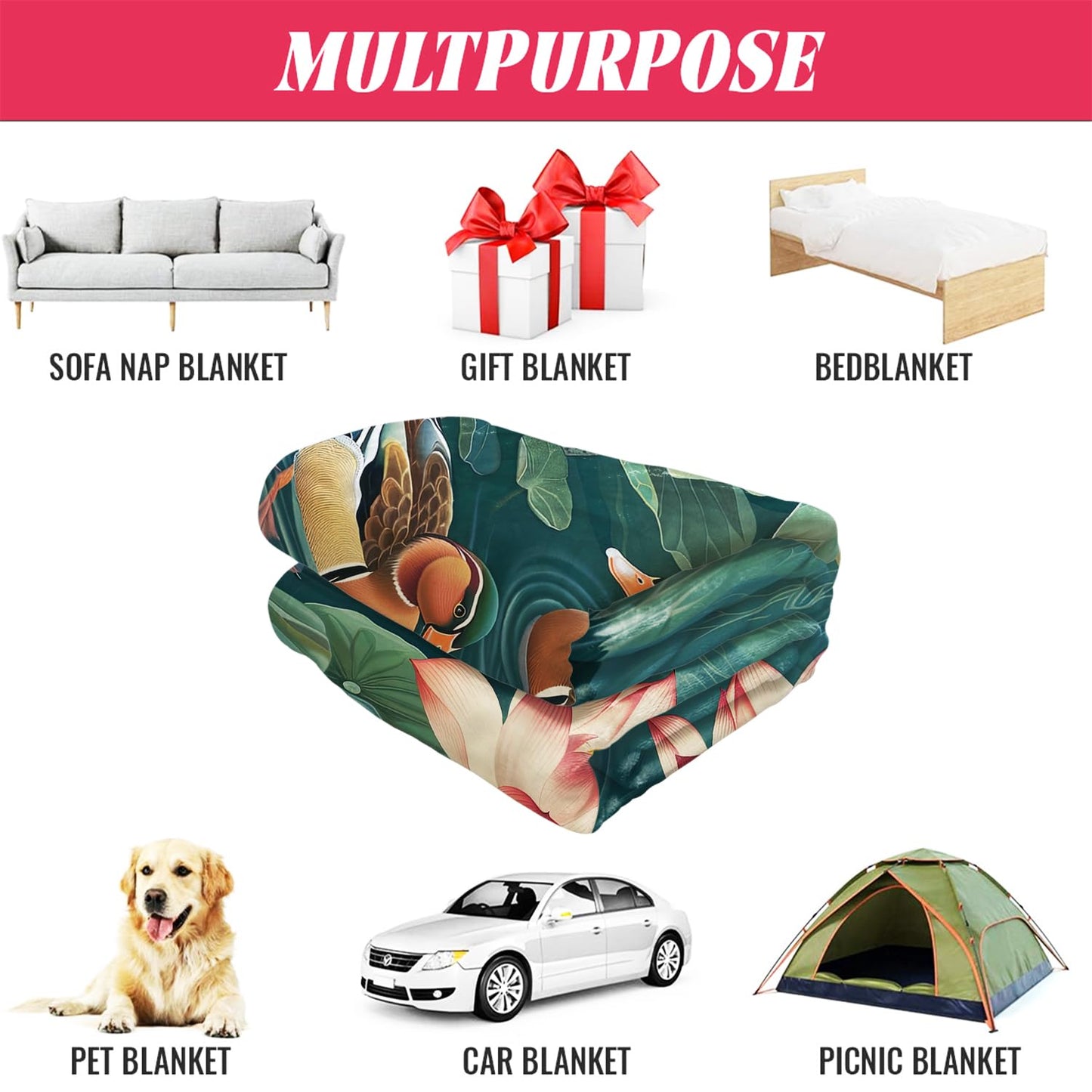 Lotus & Mandarin Ducks Blanket, Traditional Art Home Decor, Super Soft Fleece Throw Blankets for Couch Sofa Bed, 50" x 60"