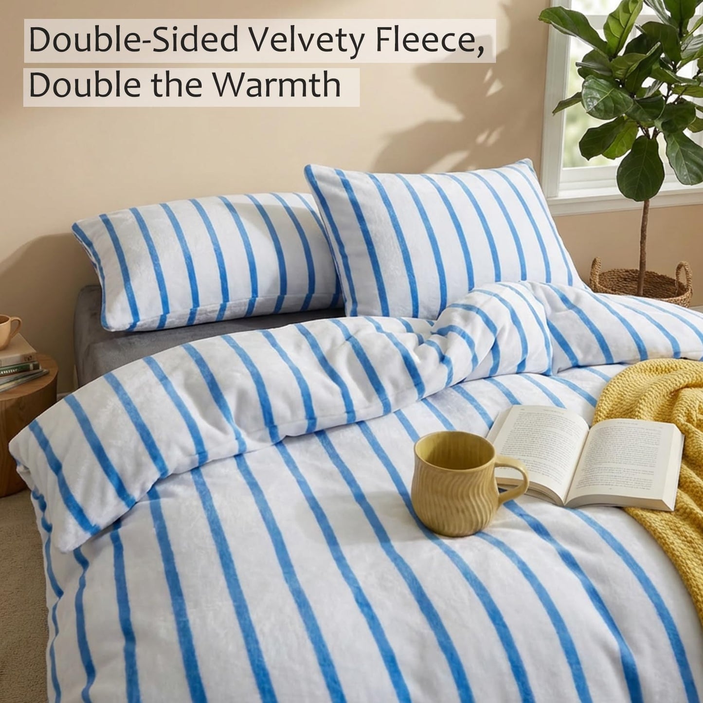 Bedbay Blue Striped Comforter Set King Size Microplush Fleece Bedding Set Ultra Soft & Warm Flannel Velvet Comforter Set 3 Pcs Blue White Stripes Pattern King Bed Set for All Seasons