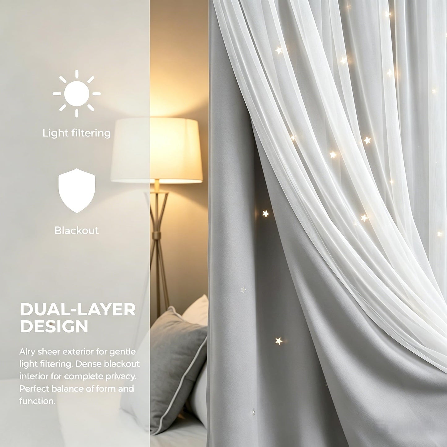 Kinryb 63" Long Star Cut-Out Blackout Curtains 2 Layer Thermal Insulated Overlay Kids Curtains Noise Reducing Drape for Living Room/Bedroom 42" W x 63" L Silver Grey 2 Panels