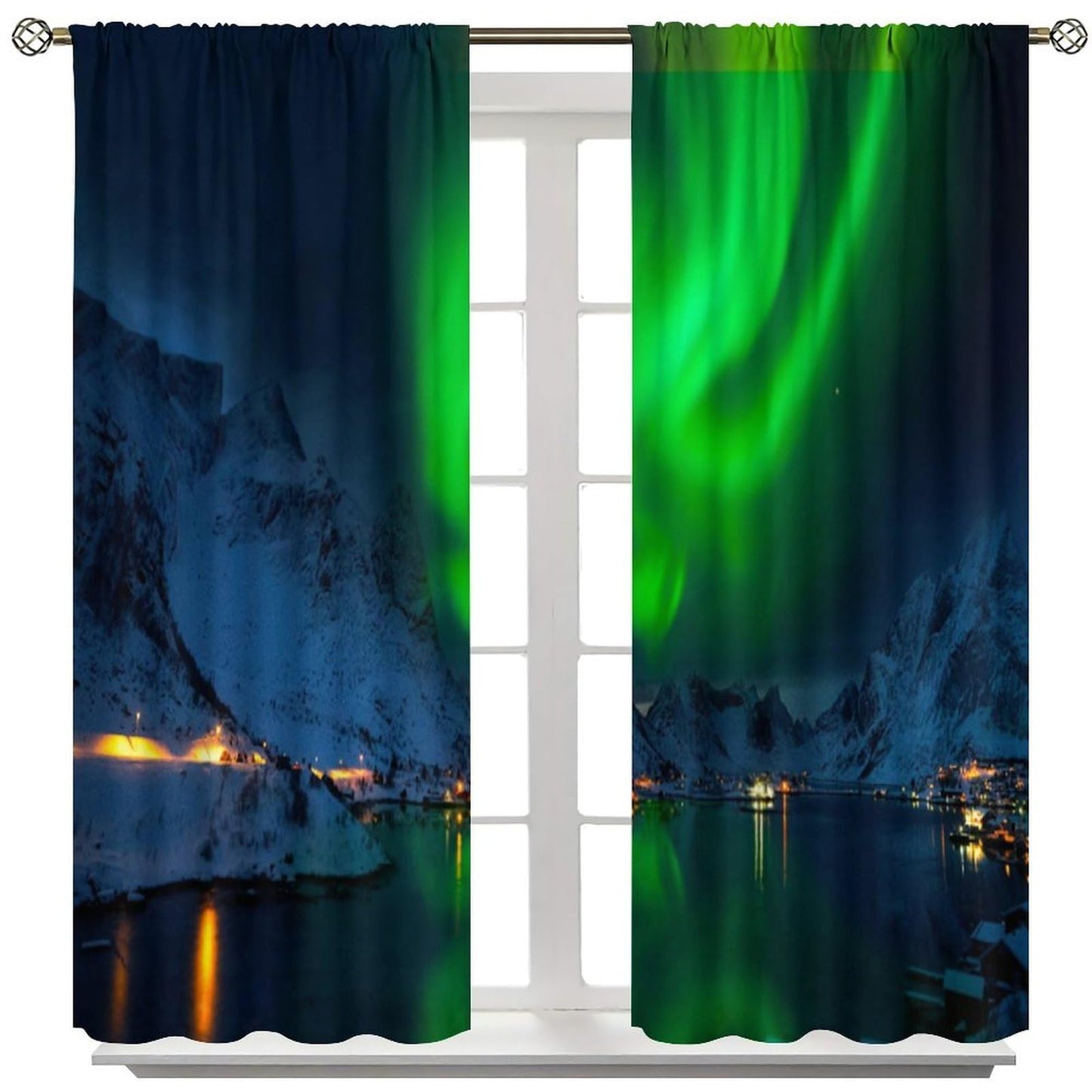 GoDazzling Night Aurora Nature Landscape Curtains, Green Northern Snow Mountain Lake Rustic Town Rod Pocket Window Drapes, for Bedroom Living Room 41" W X 45" L (No Blackout)