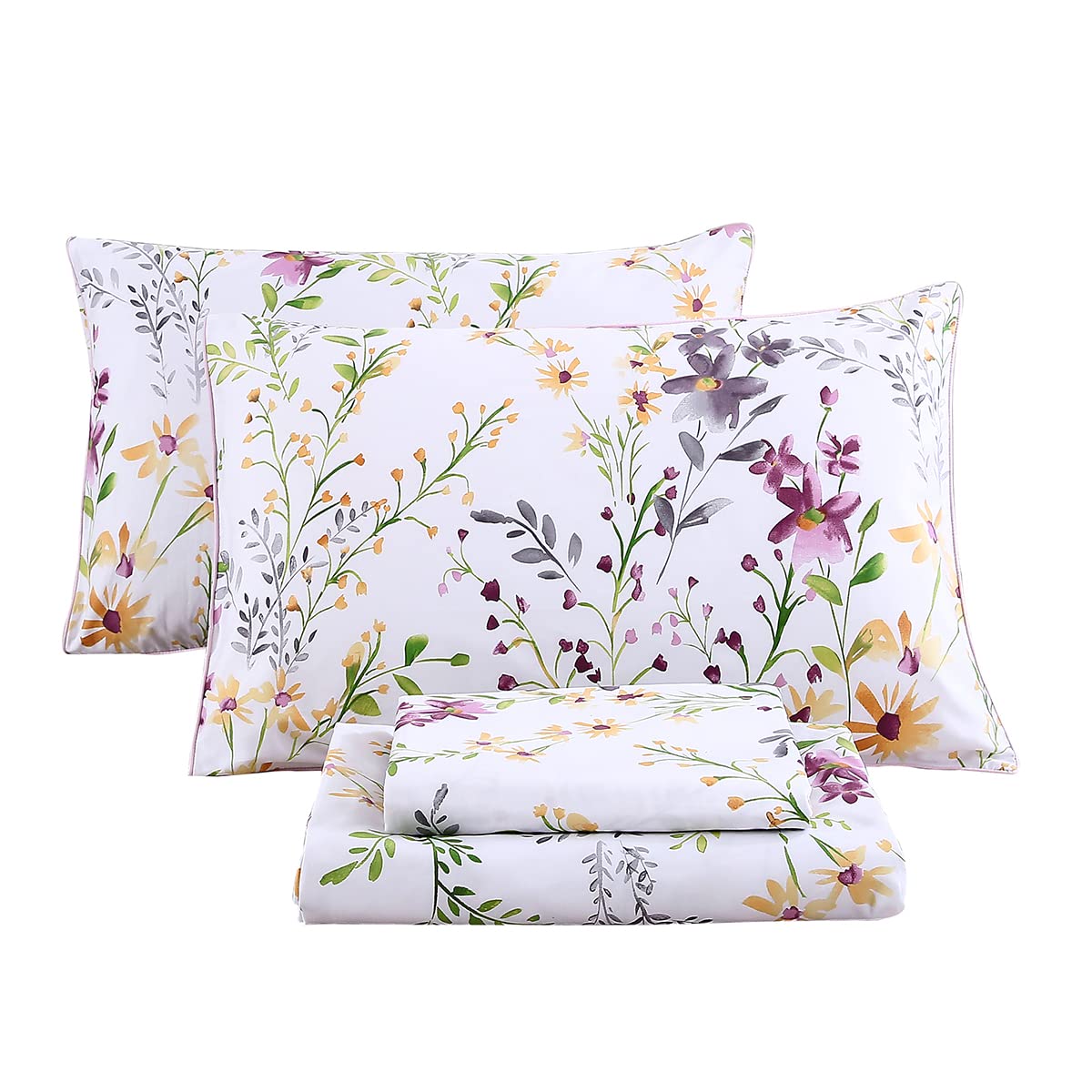 URBONUR Garden Floral Sheets Set 4-Pieces Egyptian Cotton Luxurious Bedding Sheet Set Soft Silky Crisp Percale Sheets Shabby Chic Flowers Bed Linen Set (4Pcs, Queen Size)
