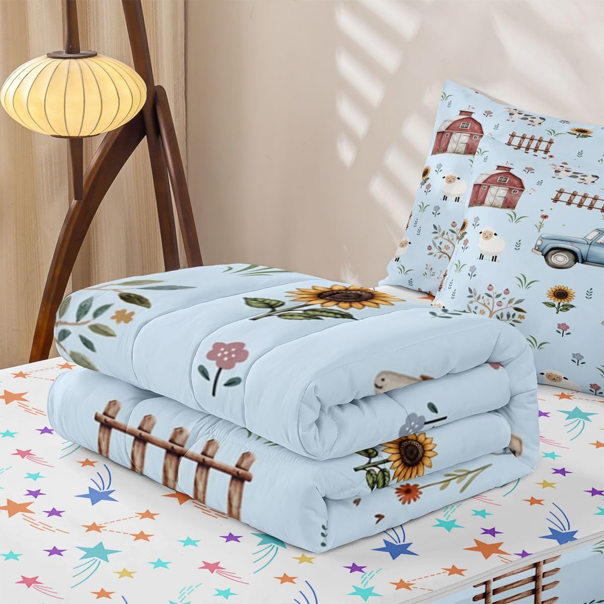 Erosebridal Farm Animal Twin Zipper Bedding Cartoon Tractor Kids Comforter Set with Fitted Sheet Rustic Barn Door 3 Pcs Bed in a Bag Set Farmhouse Horse Sheep Cow Sunflower Floral Zip Up Bedding Sets
