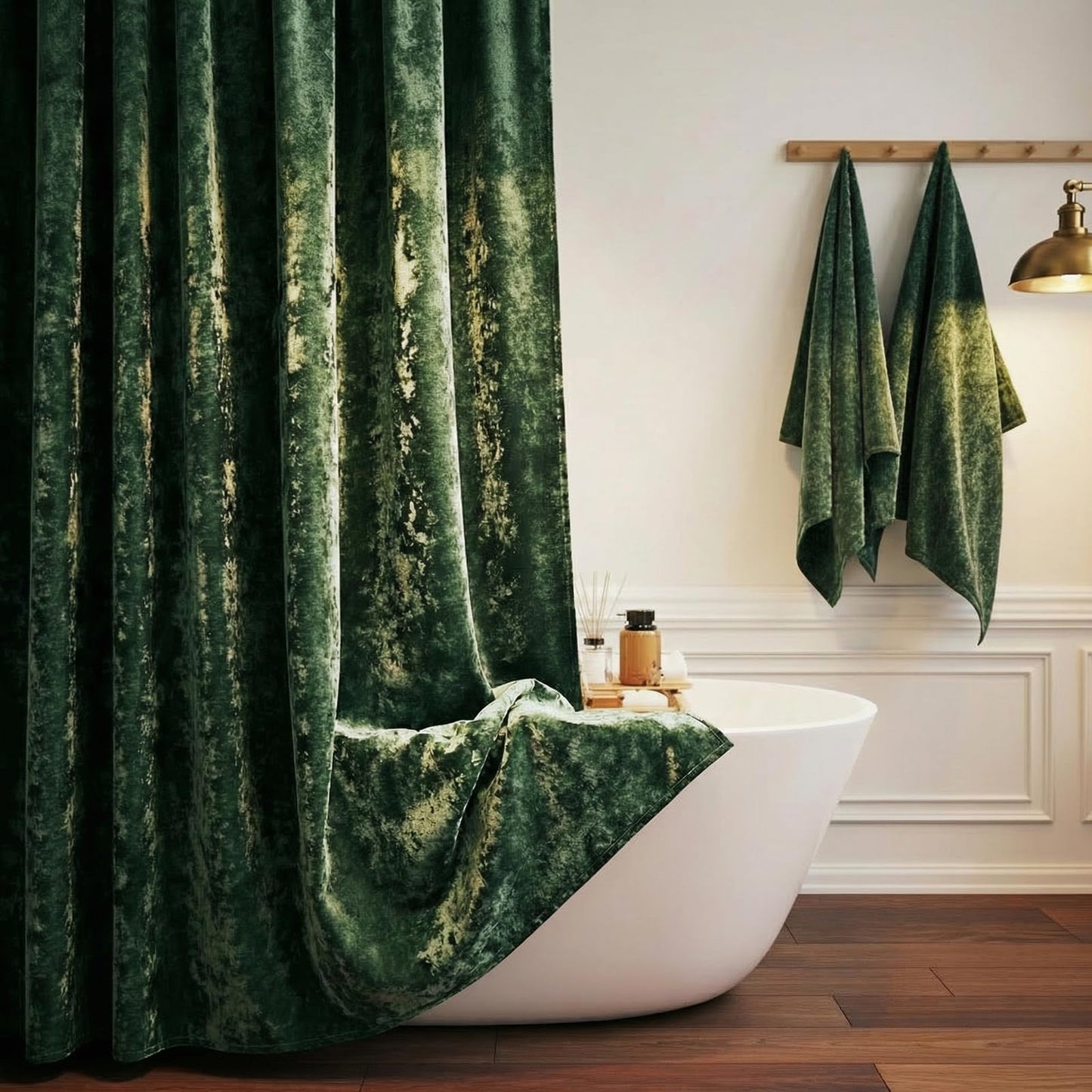 TAMGHO Crushed Velvet Shower Curtain, Dark Green Luxury Shower Curtain with Gold Decro Metal Hooks, Machine Washable Thick Fabric Bathroom Curtain, 72x72