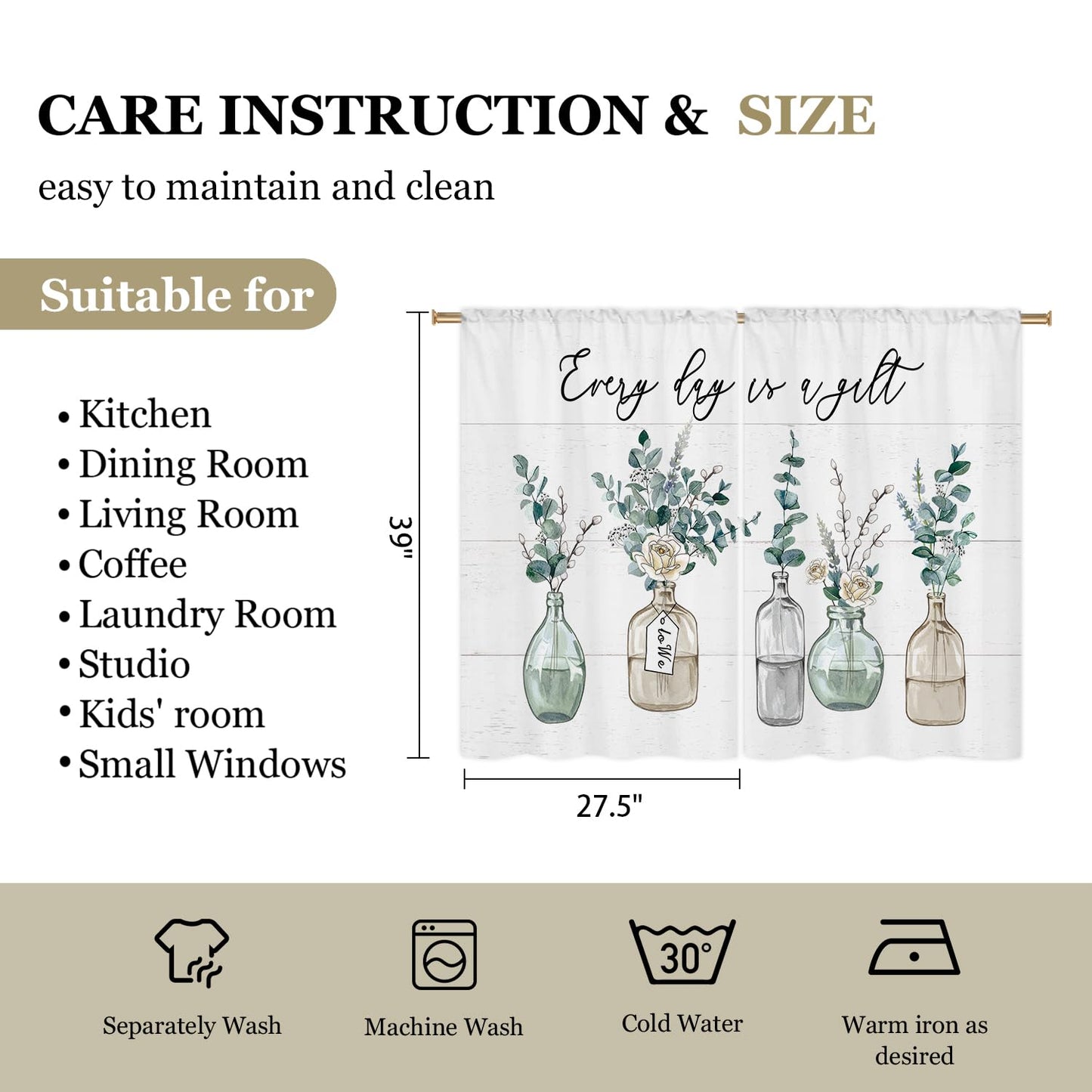 Cizuug Eucalyptus Bottles Plant Kitchen Curtains Green Leaf BotanicalSage Small Short Cafe Window Curtains Farmhouse Rustic Floral Vase Bathroom Tier Window Treatment Drapes 2 Panels