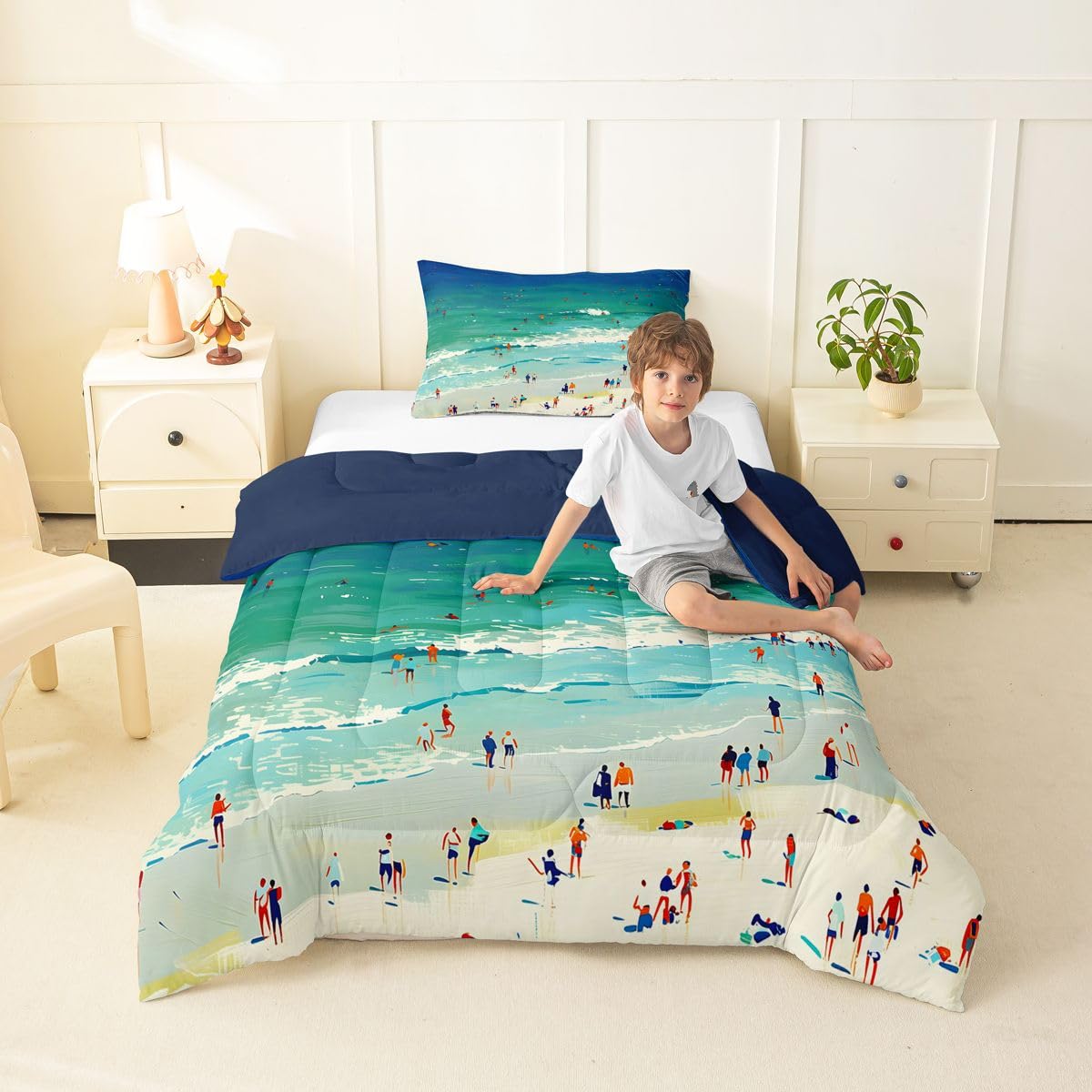 Erosebridal Coastal Beach Surf Comforter Set for Girls Women - Summer Hawaiian Surfing Toddler Bedding Sets Ocean Extreme Sports Comforter Tropical Coastal Themed Quilt Duvet 2 Pcs