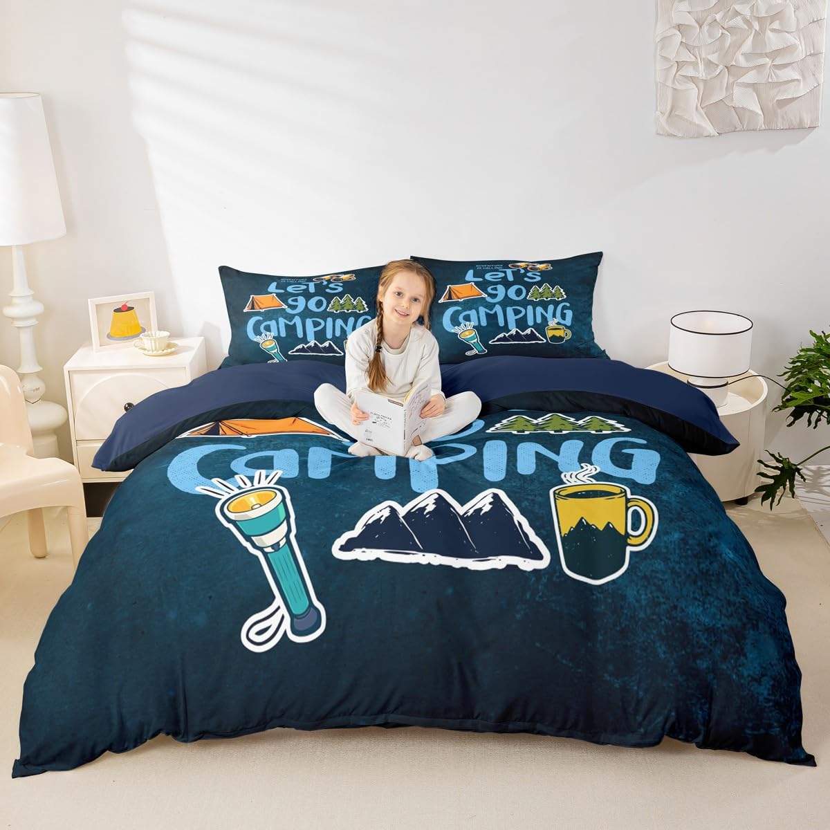 Happy Camping Duvet Cover Set King,Cartoon Camper Theme Comforter Cover Rustic Farmhouse Style Quilt Cover Navy Blue Bedding Set 3pcs for Kids Girls Teens Boys Room Decor with 2 Pillowcases