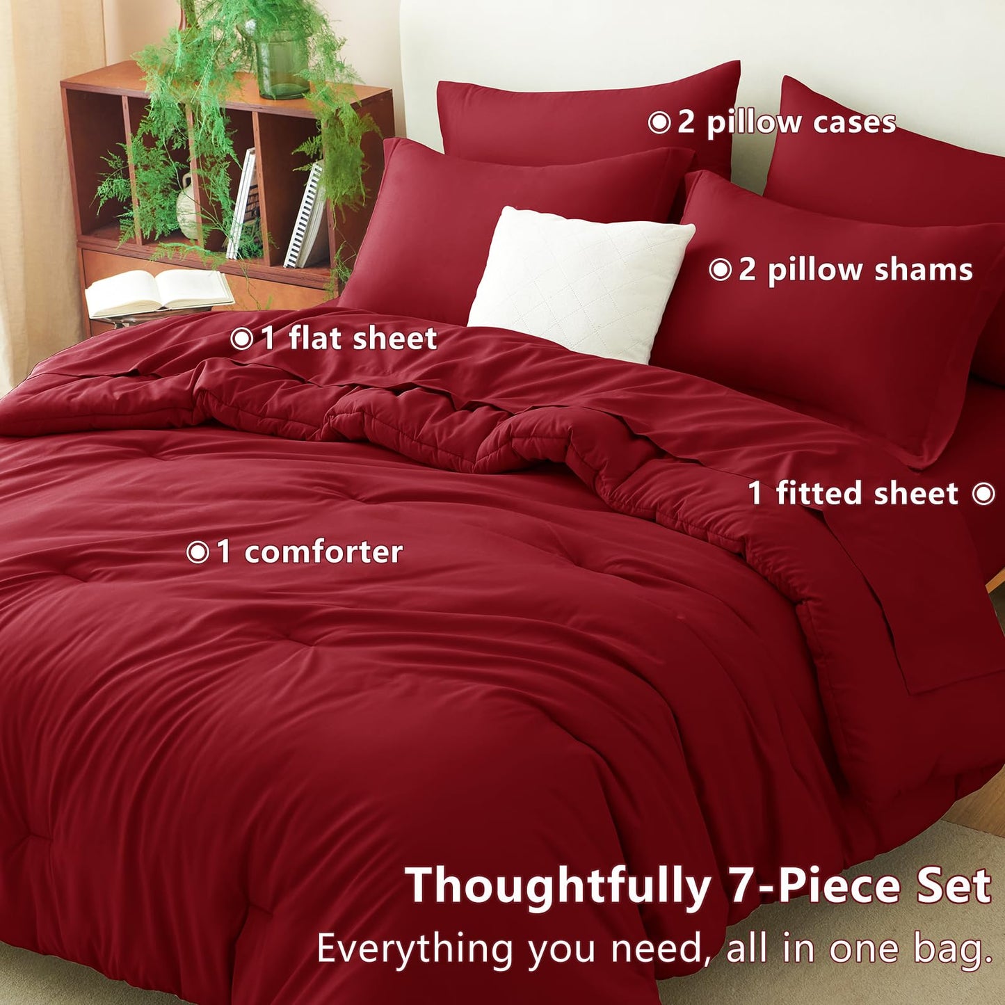 CozyLux Queen Comforter Set Dark Red, 7 Pieces Bed in a Bag Queen Comforter Set with Sheets, Luxury Soft Bedding Sets with Down Alternative Comforter, Fitted Sheet, Flat Sheet, Pillowcases & Shams