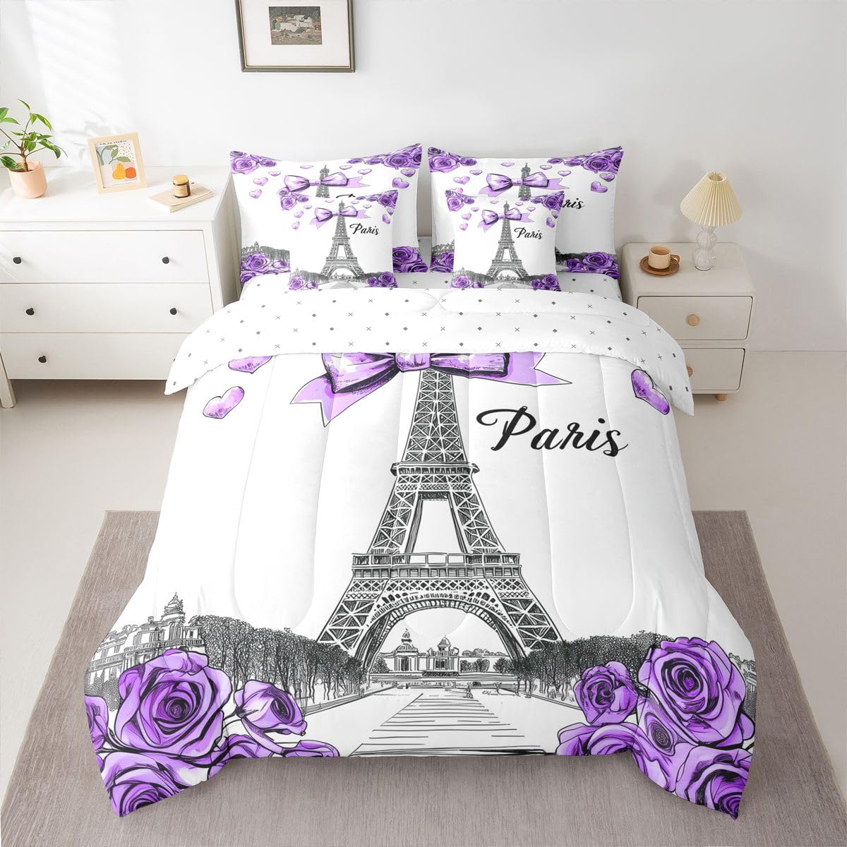 Erosebridal Bow Decor 7 Piece Bedding Set Twin Size Eiffel Tower Bed in A Bag for Kids Girls Rose Floral Comforter with Sheets Preppy Princess Bed Sets