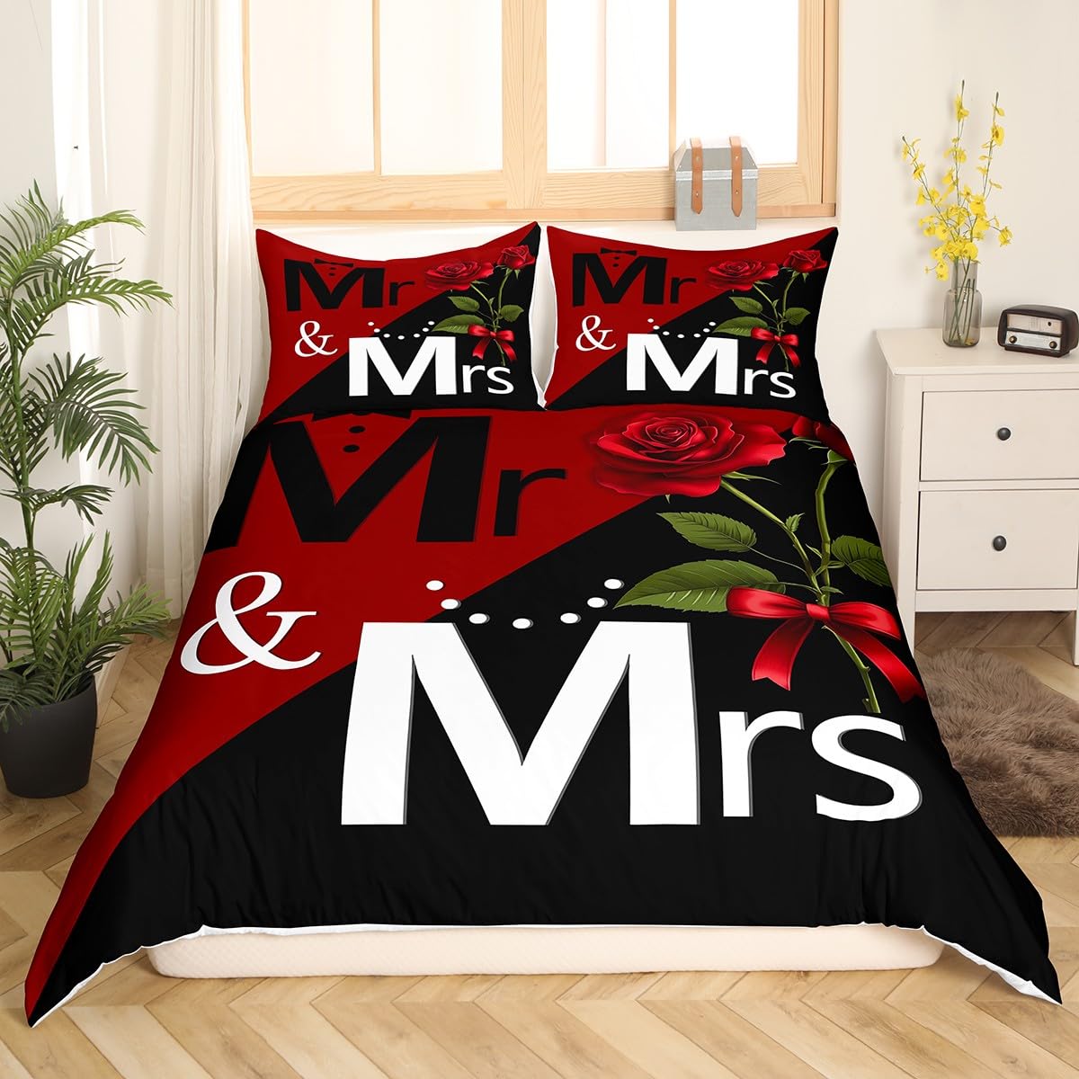 Mr Mrs Duvet Cover Set Queen Size, Love Man Women Romance Bedding Set 3pcs for Lover Couple Valentine Day, Red Rose Flower Print Comforter Cover Black Red Quilt Cover with 2 Pillowcases,No Comforter