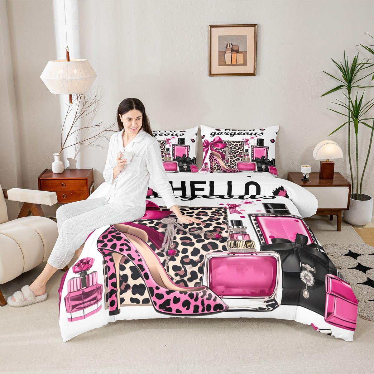 Erosebridal Black and Pink Leopard Print King Bedding Set | Fashion Modern Girly Comforter Set Bow Perfume High Heels Bed Collections Trendy Stylish Girls Duvet Quilt Sets