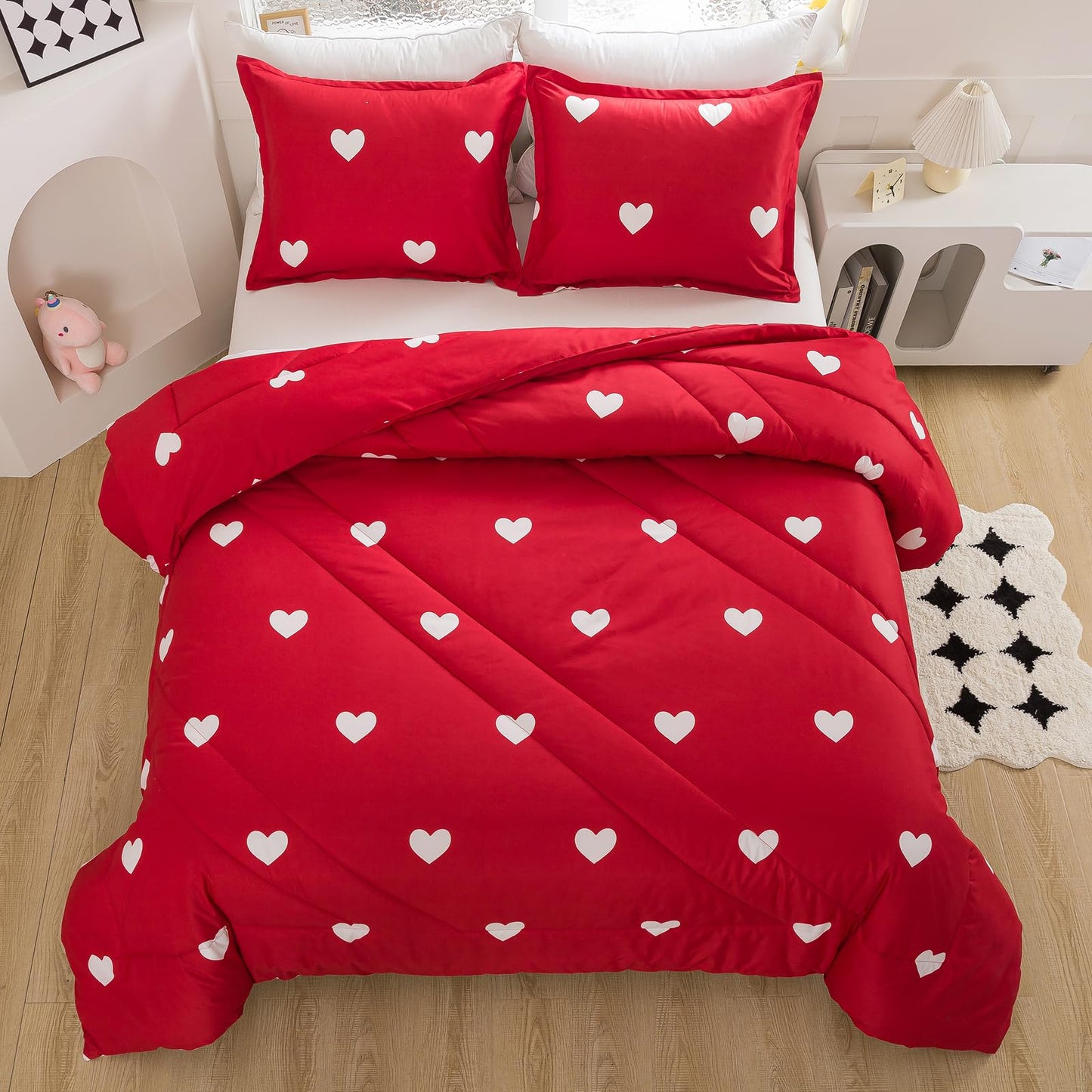 Caressma Love Comforter Set Twin Size - Cute White Heart Print Red Bedding Comforter with Matching Pillowshams