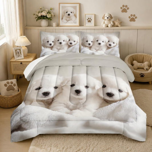 Nttopship Cute Dog Comforter Sets Twin Size, 3D Animals Bedding Sets for Kids,White Dog Print Bedding Home Decor, Kawaii Dog Bedroom Decor Bedding Set Room Decor Comforter and 2 Pillowcases