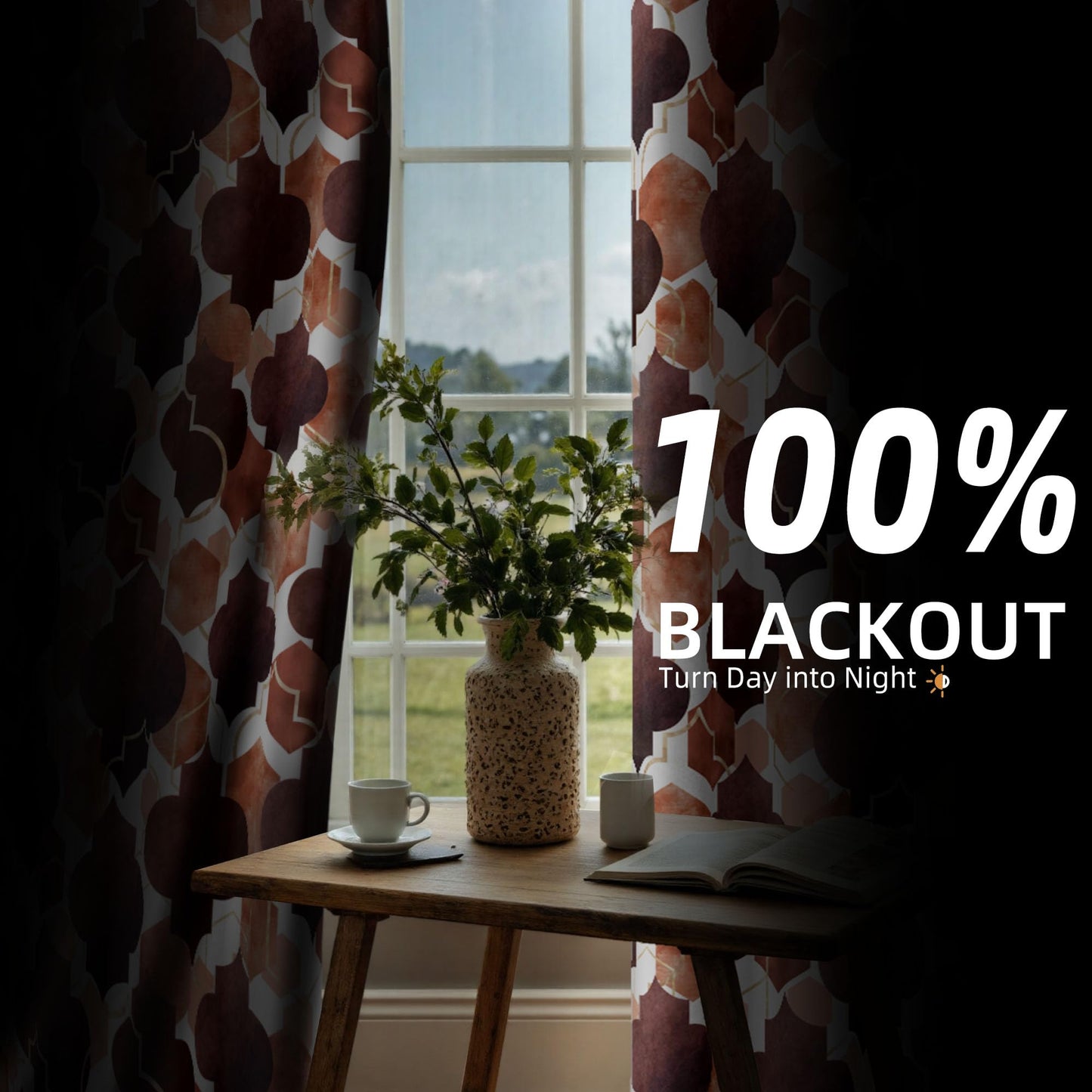 Tyrot Brown Moroccan 100% Blackout Curtains for Bedroom Abstract Geometric Black Out Curtains 96 inch Long 2 Panels Set Window Drapes Thermal Room Darkening Curtains for Living Room, 52Wx96L