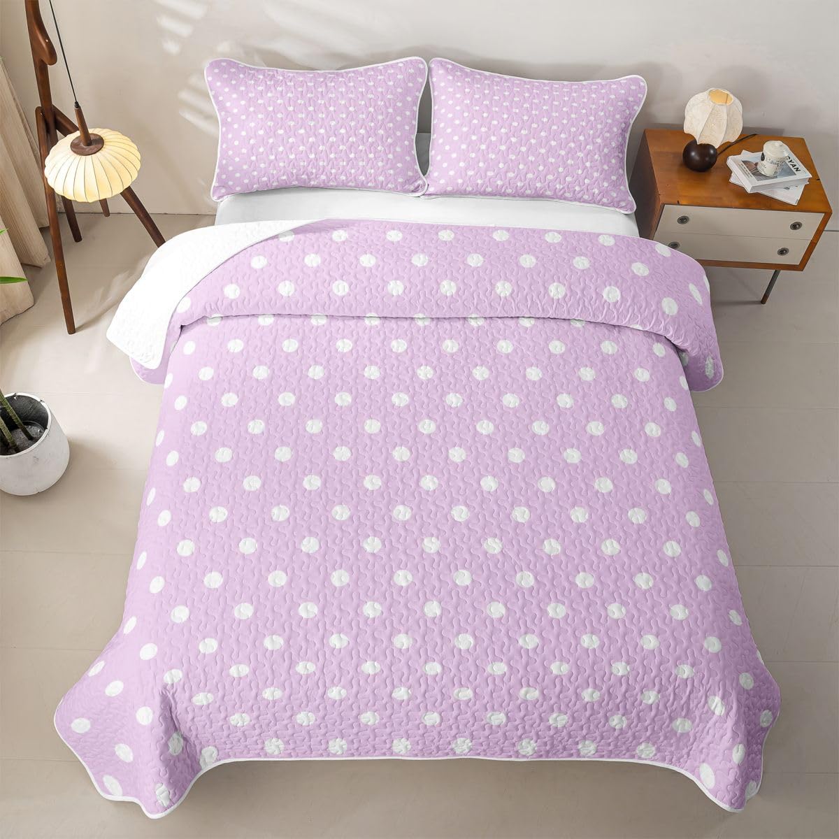Feelyou Dot Pattern Quilts for King Bed Purple Bedspreads Soft Bed Summer Lightweight Comforter Geometric Coverlet All Season 3 Pieces (1 Quilt, 2 Pillowcases) Stripe Line Bedding Set