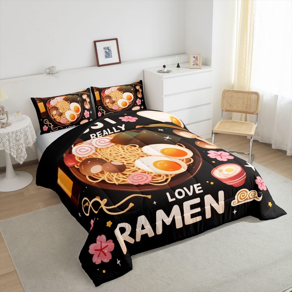 Erosebridal Ramen Noodle Queen Bedding Set,Japanese Style Comforter Set Ramen Gifts for Kids Teen Girls Boys,Pink Cherry Blossom Quilt Bed Set Anime Theme Bed Comforter Sets 3Pcs Bedroom Decor
