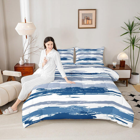 Erosebridal Abstract Navy Blue Comforter Set King Size Modern Grey Striped Bedding Set for Men Boys Geometric Aesthetic Oil Painting Comforter Minimalist Simple Watercolor Quilt