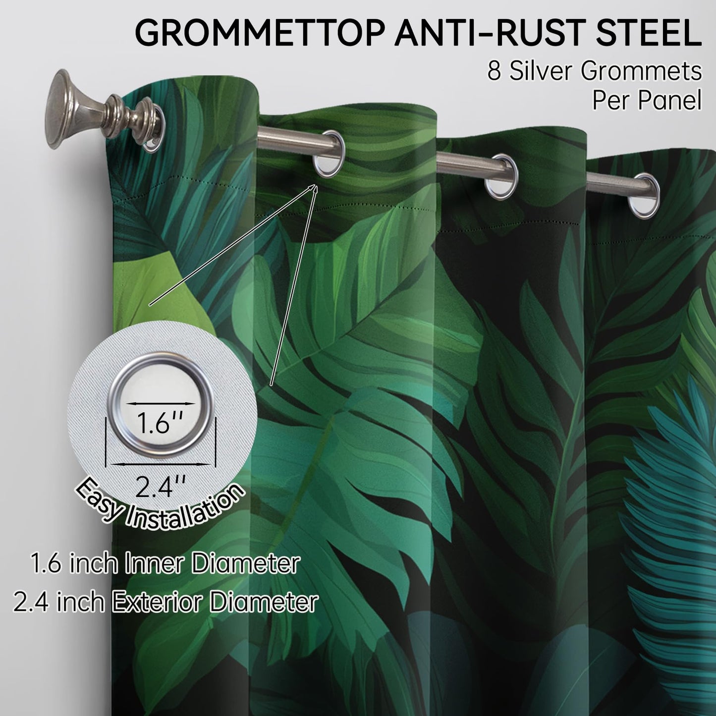 Mistwalk Green Monstera Leaf Curtains Blackout, 54 Inch Curtains for Bedroom & Living Room, Room Darkening Thermal Insulated Grommet Drapes, Tropical Rainforest Patterned Window Treatments