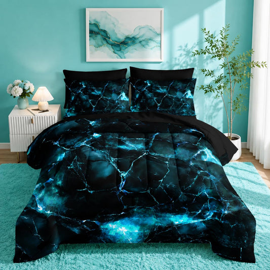 Nttopship Blue Comforter Set Full Size 7Pieces,3D Abstract Mordern Blue Printed Bedding Set for Adults,Rock Fracture Texture Mordern Room Decor All Seasons with Pillowcases,Flat, Fitted Sheet