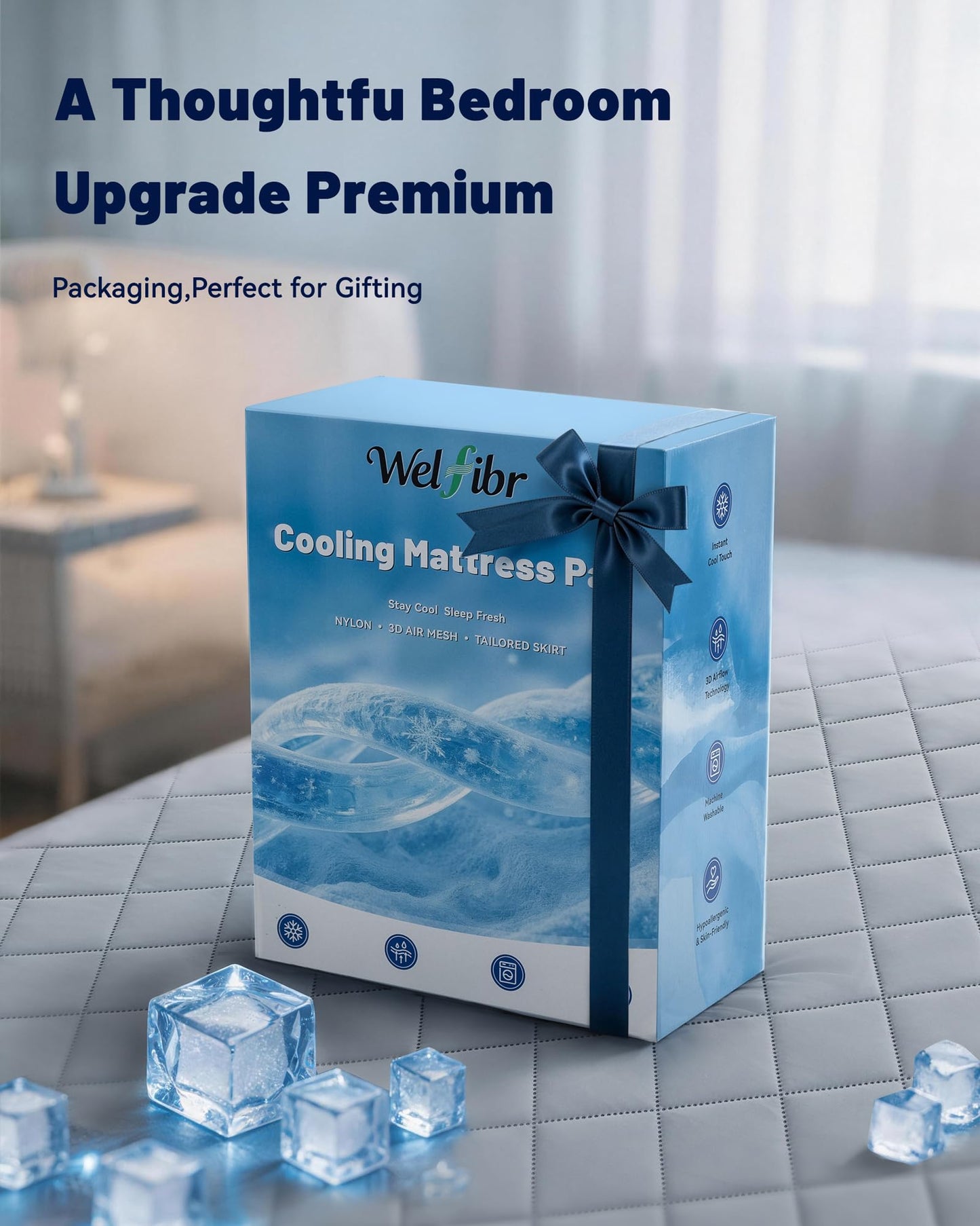 Welfibr Cooling Mattress Pad for Hot Sleepers Noiseless Mattress Protector Bed Cooling Pad 3 x Breathable Mattress Topper Q-Max 0.45 Cool Touch, 3D Mesh Deep Pocket Bed Cooling Cover Grey Queen