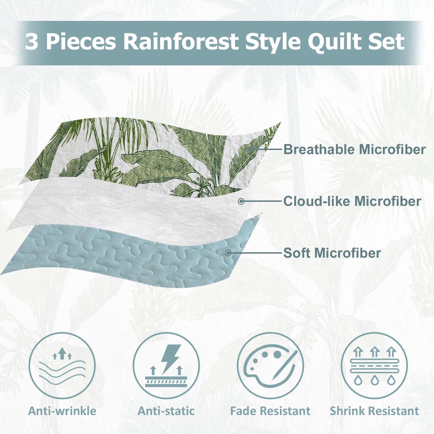 Luxudecor Tropical Plants Quilt Set Queen Size 3 Pieces Green and Blue Palm Botanical Bedspread Rainforest Style Bedding Set Soft Lightweight Bed Cover All Season 96"x90"